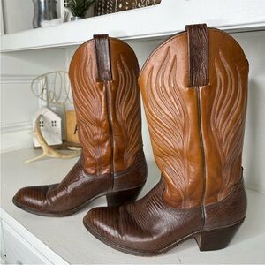Vintage Frye Men’s 10.5 Brown Lizard & Tan Leather Western Boots Two-Tone Cowboy